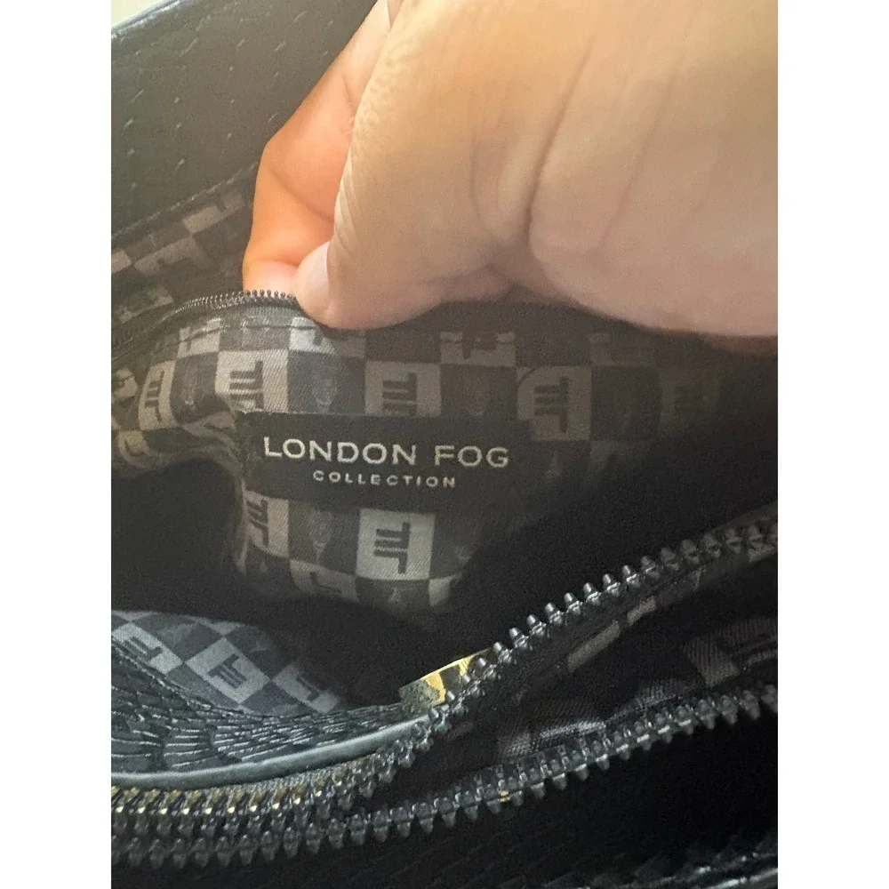 London Fog Black Snakeskin Embossed Shoulder Bag Gold Logo Faux Leather Tote